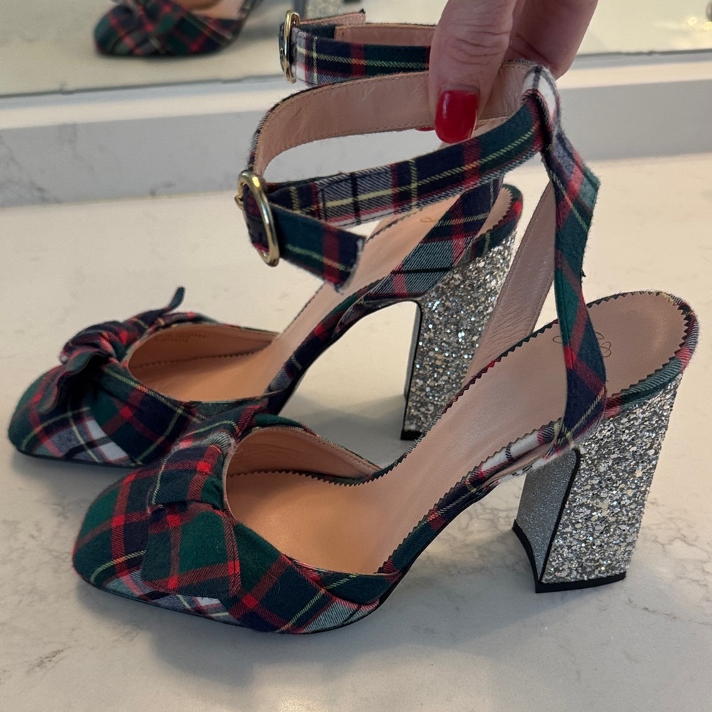 J. Crew Plaid Bow Heels, silver Glitter heel, size 8, 4”heel - Picture 6 of 10